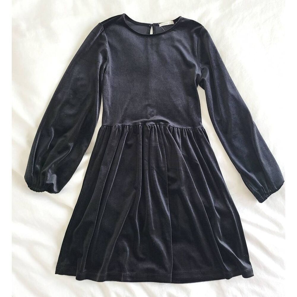 Cooper Key Womens Velvet Round Neck Balloon Sleeve Fit & Flare Dress Black Small